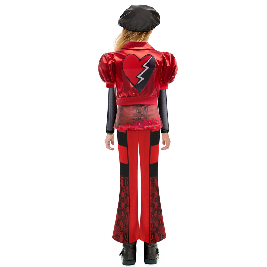 Kids Red Costume Girls Short Sleeves Jacket Top Flared Pants Wig 4pcs Halloween Princess Dress up 5-15Y