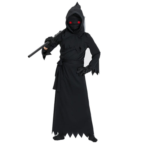 5-14Y Boys Girls Halloween Costumes Kids Grim Reaper Costume Set Scary Ghost Cosplay Outfit Halloween Party Favors Gifts(Glowing Glasses Optional)