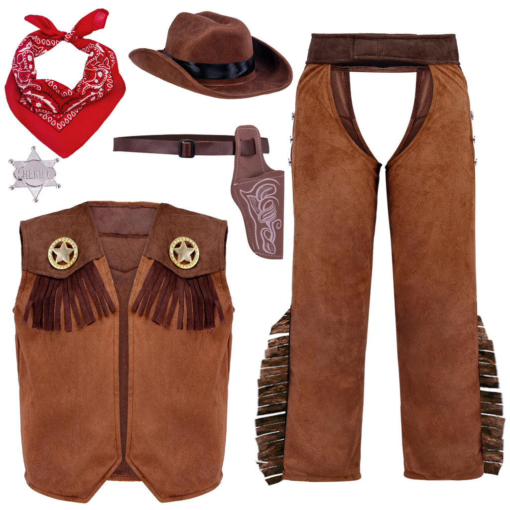  Halloween Cowboy Costume for Boys, Kids Cowboy Costume Set, Brown Western Style Cowboy Outfit with Cowboy Hat for Toddler Dress-up Party Cosplay
