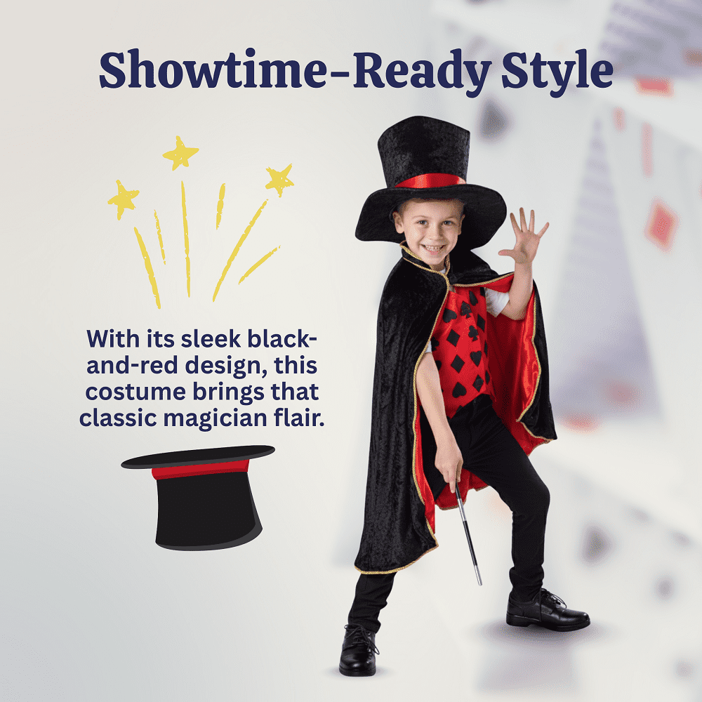 Dress Up America Magician Costume for Kids - Magician Cape, Hat and Wand Set - Magic Dress Up Costume for Boys and Girls Black