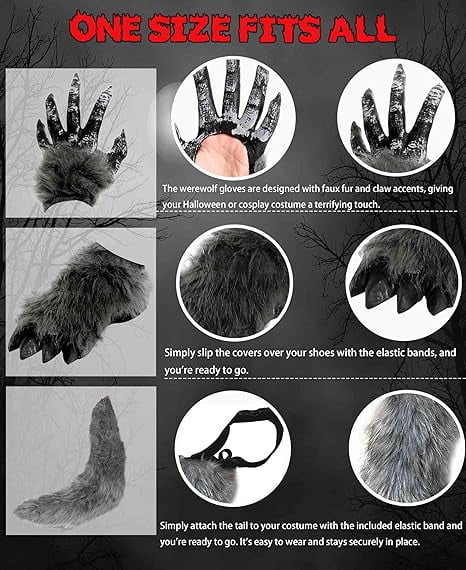  Boys Wolf Costume Set  Halloween Red Werewolf Outfit with Glowing Eyes Mask, Shoe Covers, Gloves, Tail & Vampire Fangs (3-4T)