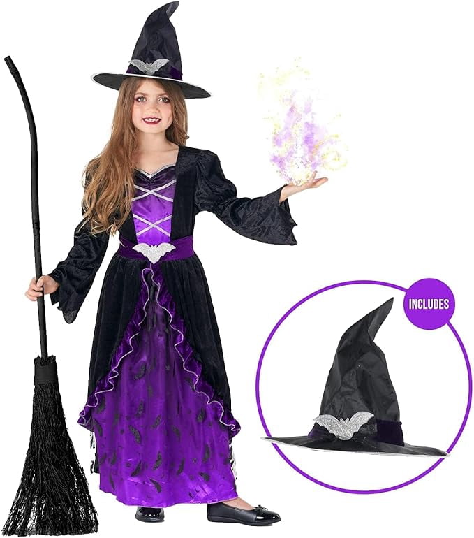  Deluxe Girls Purple Witch Costume Hat Kids Halloween Fancy Dress Halloween Purple/Black S