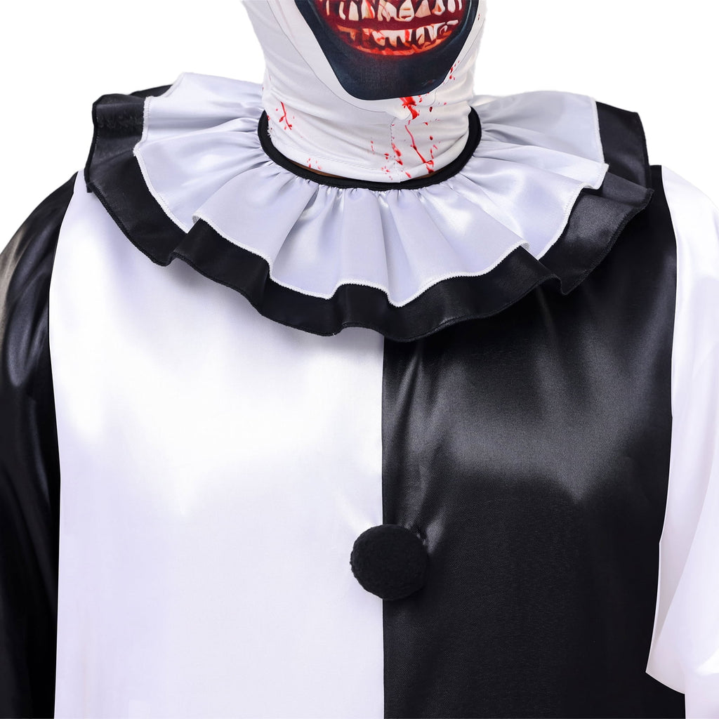  Unisex Kid Clown Costume Jumpsuit Black and White Halloween Outfit Scary Killer Cosplay with Mask Hat