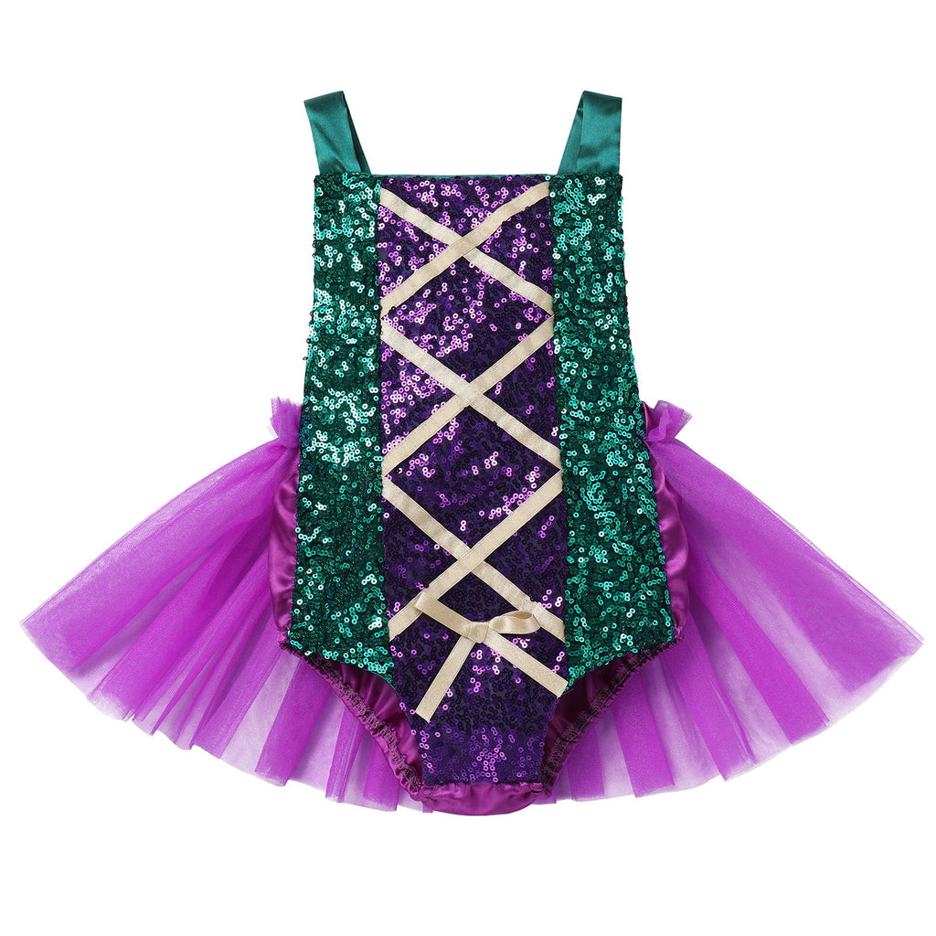 IBTOM CASTLE Toddler Girls Sanderson Sisters Costumes Kids Witch Sequin Backless Romper Tulle Dress with Cloak Halloween Cosplay Carnival Fancy Dress up Outfit 12-18 Months Green-Winifred