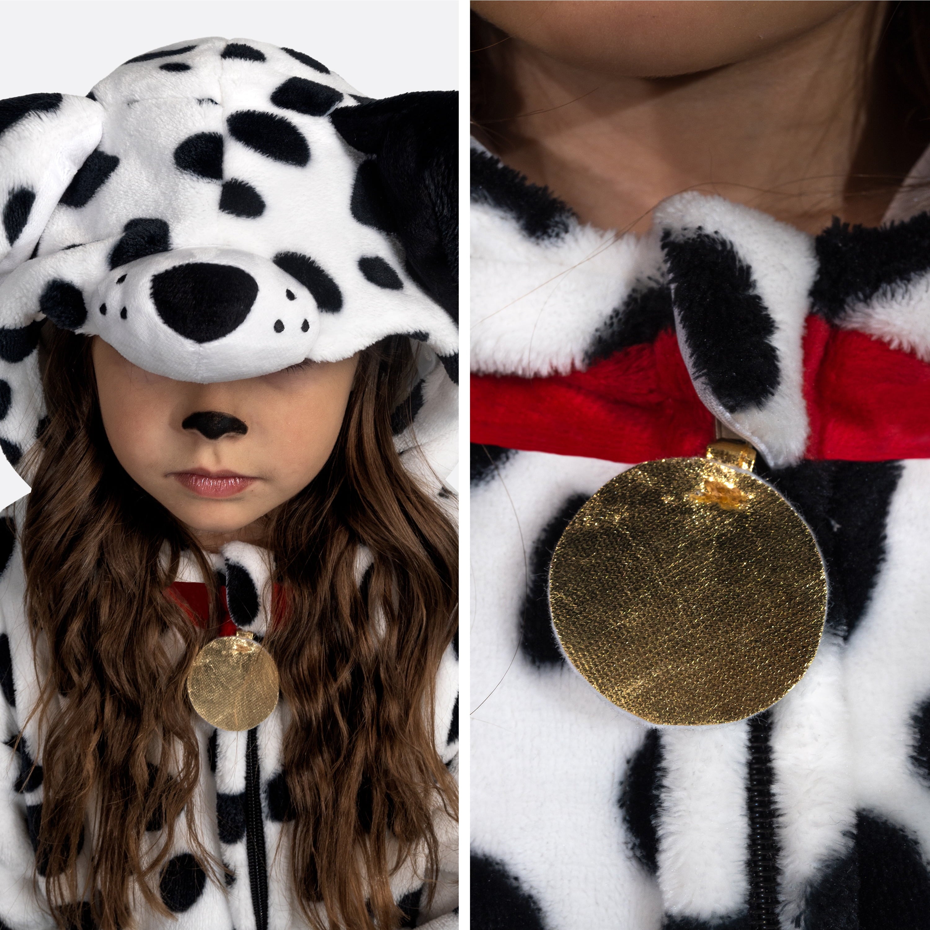  Dalmatian Costume for Kids, White Black Puppy Zip-Up Jumpsuit for Halloween Trick or Treat Party, Ages 5-12