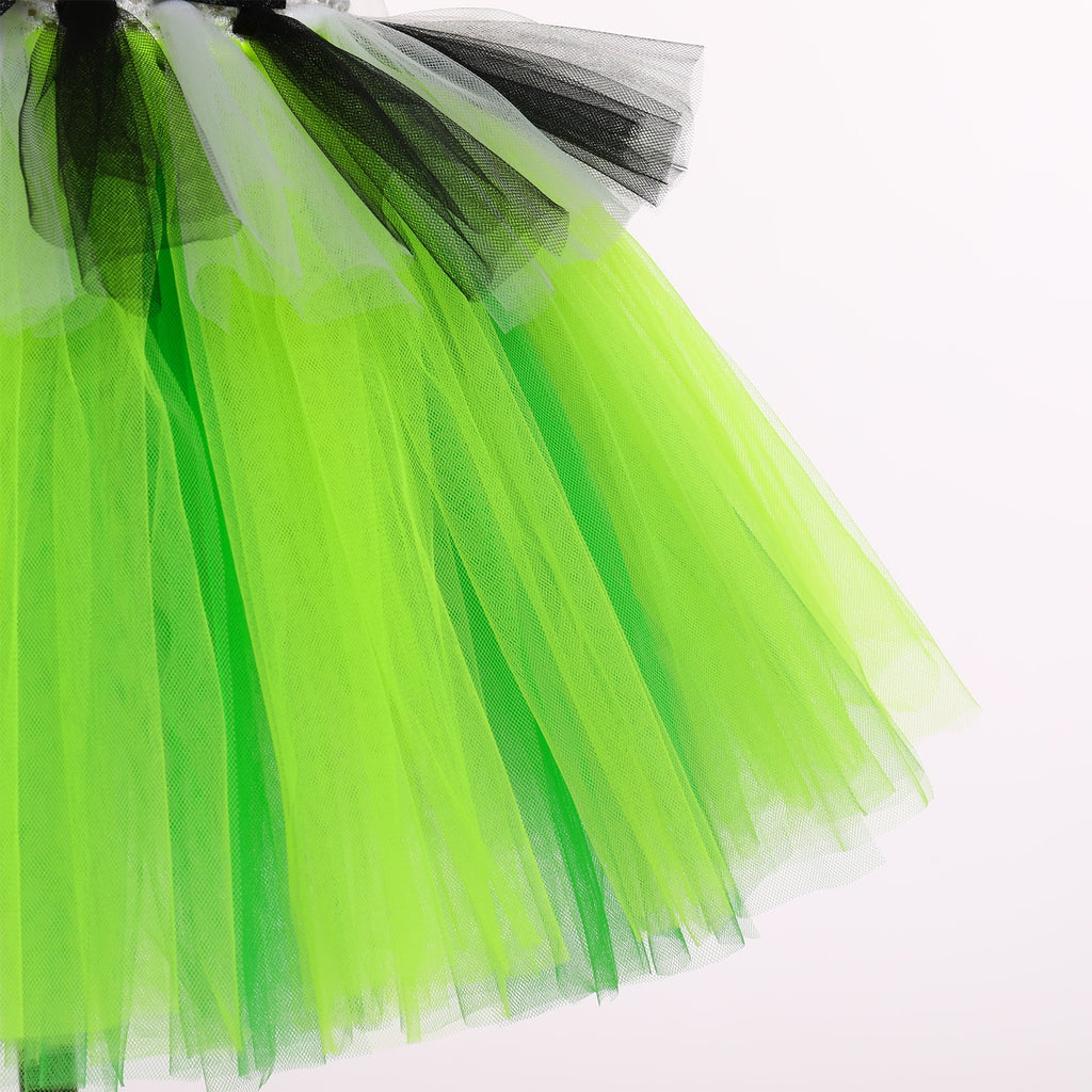 IBTOM CASTLE Kids Girls Halloween Costume Black and White Striped Tulle Dress Headband Set Cosplay Carnival Birthday Outfit 4-5 Years Black + Green