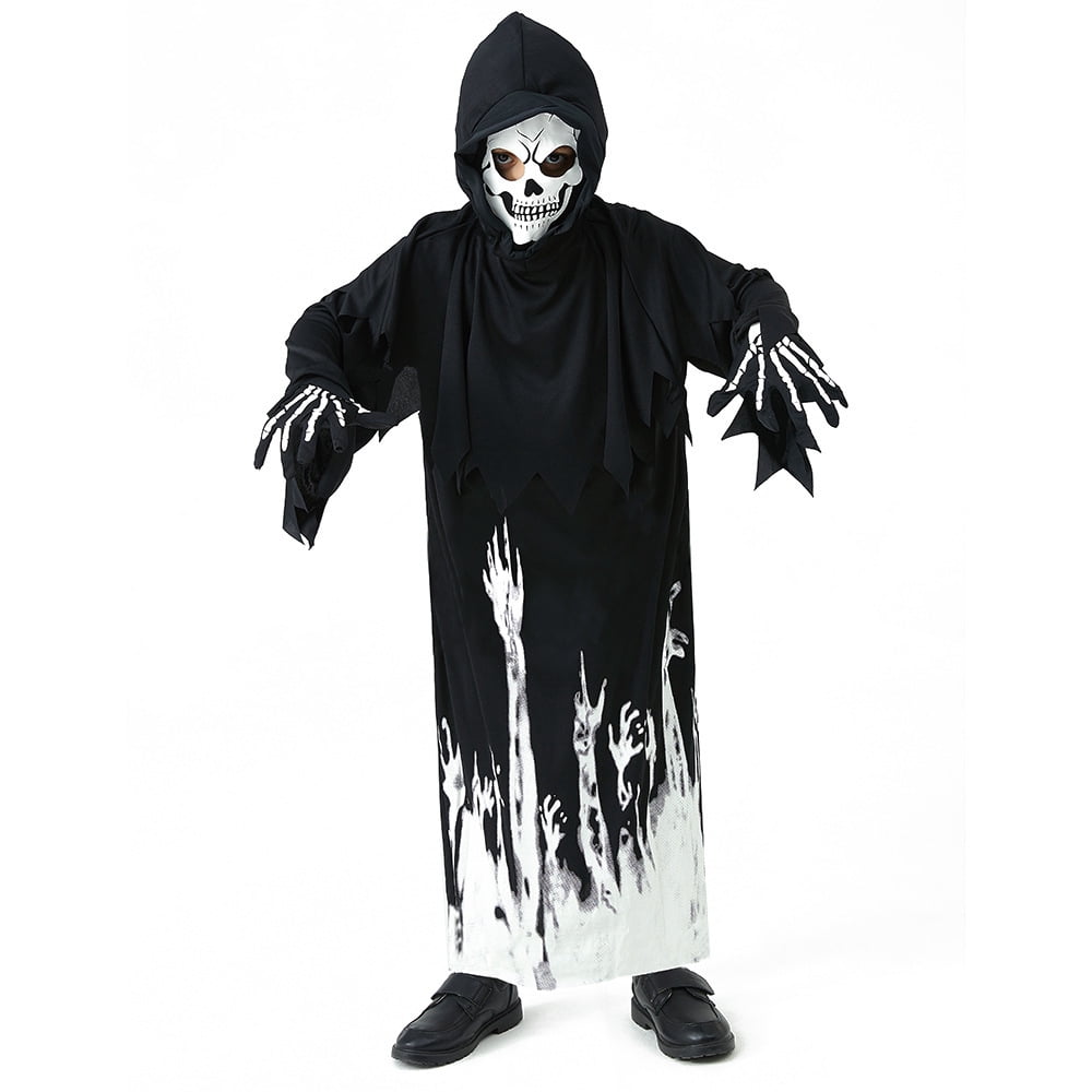  Halloween Glow In The Dark Grim Reaper Costume for Kids, Cosplay Robe without Scary Scythe for Boys Girls, 5-12 Years