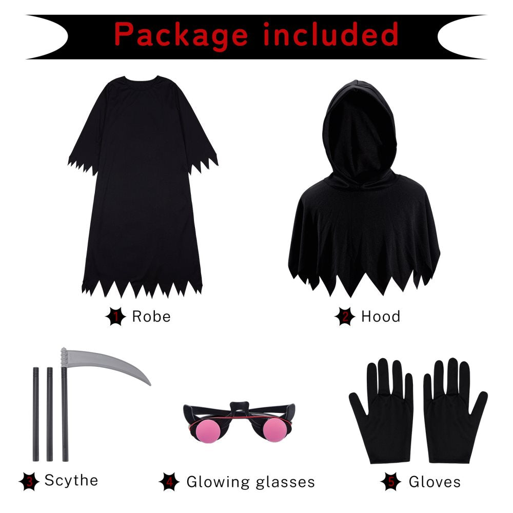 5-14Y Boys Girls Halloween Costumes Kids Grim Reaper Costume Set Scary Ghost Cosplay Outfit Halloween Party Favors Gifts(Glowing Glasses Optional)