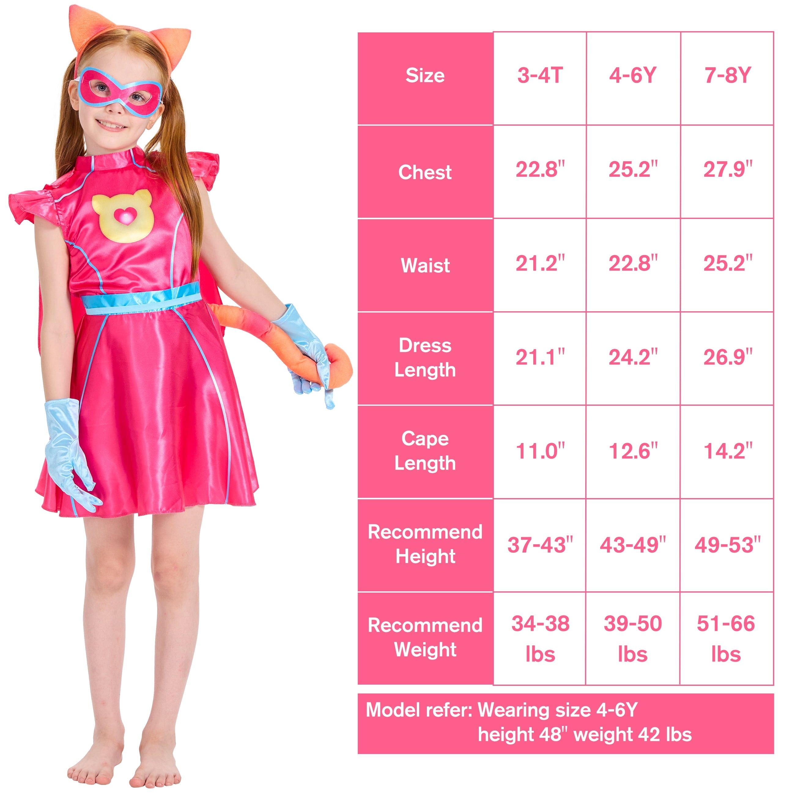 Girls Superhero Costume with Cape, Pink Kitties Fancy Dress Accessories Cat Headband Tail Gloves Outfit for Kids Hallloween
