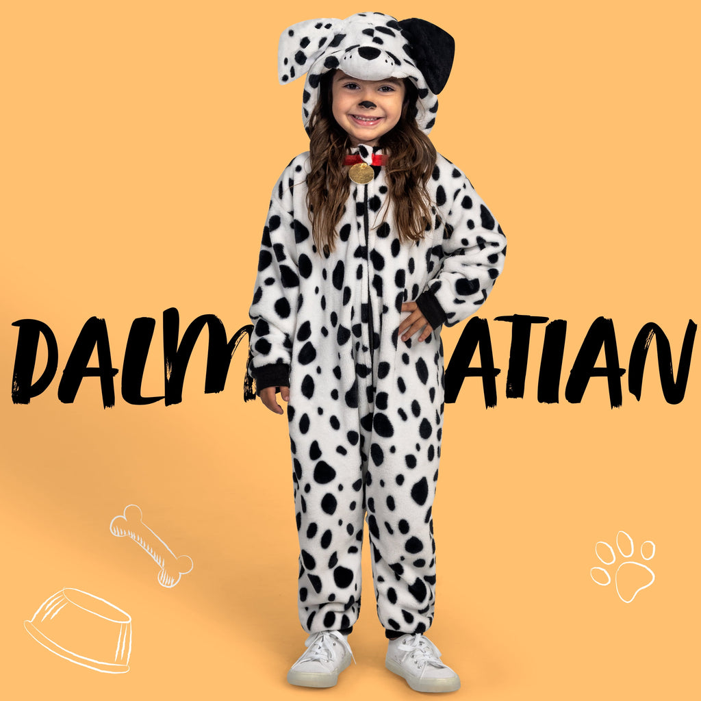  Dalmatian Costume for Kids, White Black Puppy Zip-Up Jumpsuit for Halloween Trick or Treat Party, Ages 5-12