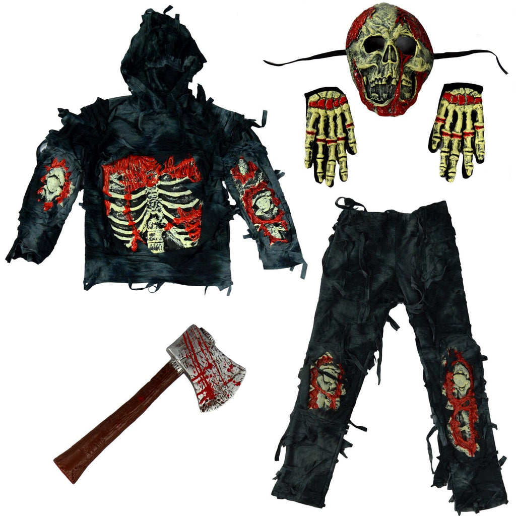  Kids Zombie Costume, Scary Halloween Zombie Costume for Boys, Monsters Costume with Plastic Toy Axe for Halloween Party Dress-Up Age Up to 14 Years