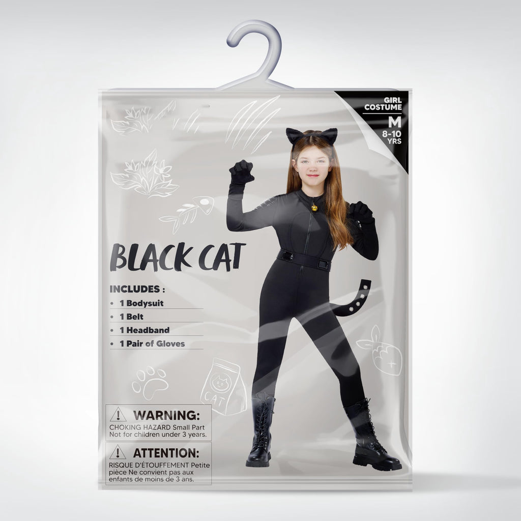  Black Cat Costume for Girls, Kids Cat Outfit Set with Tail, Child Black Cat Halloween Costume for Cosplay Party