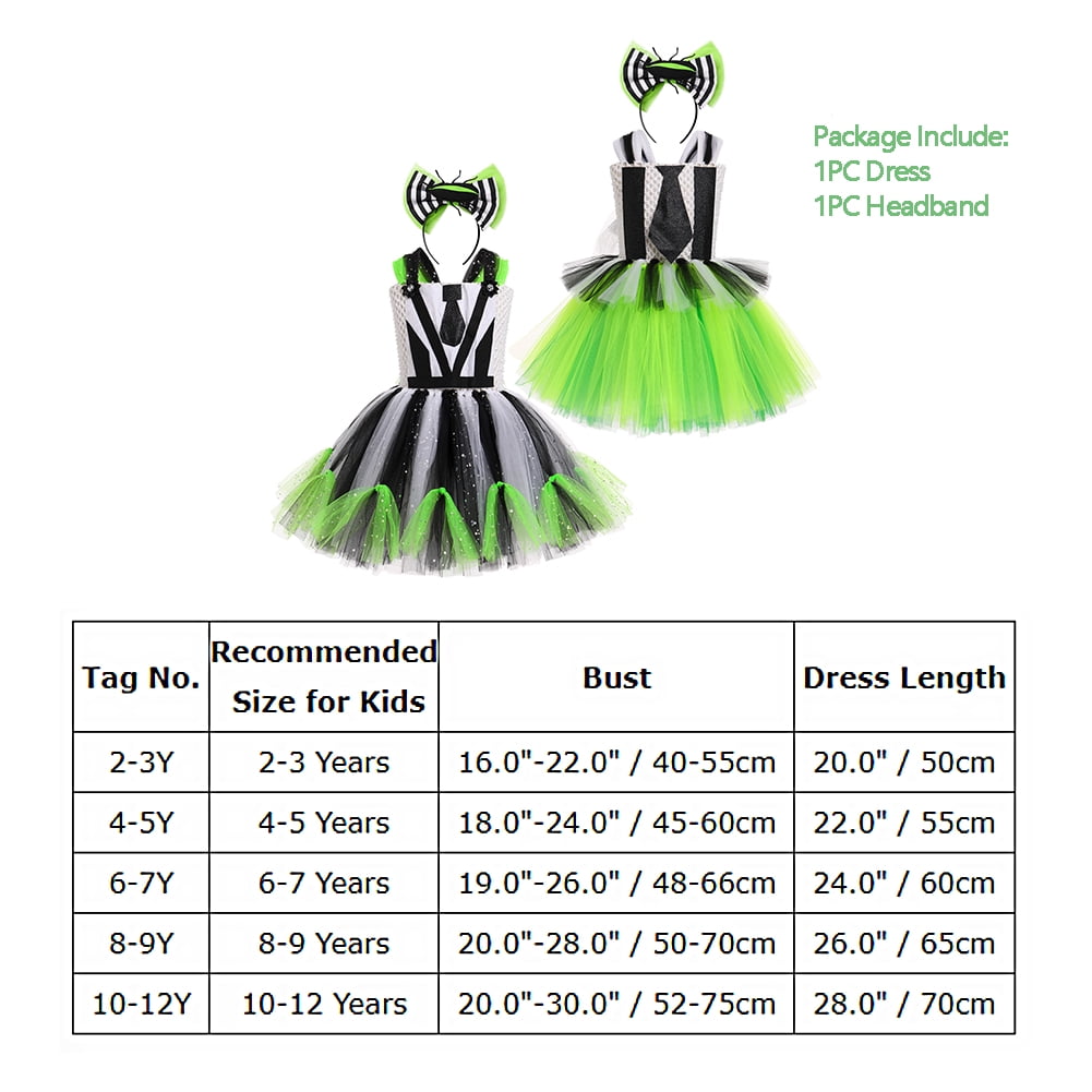 IBTOM CASTLE Kids Girls Halloween Costume Black and White Striped Tulle Dress Headband Set Cosplay Carnival Birthday Outfit 4-5 Years Black + Green