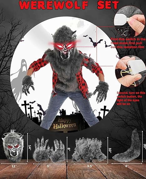  Boys Wolf Costume Set  Halloween Red Werewolf Outfit with Glowing Eyes Mask, Shoe Covers, Gloves, Tail & Vampire Fangs (3-4T)