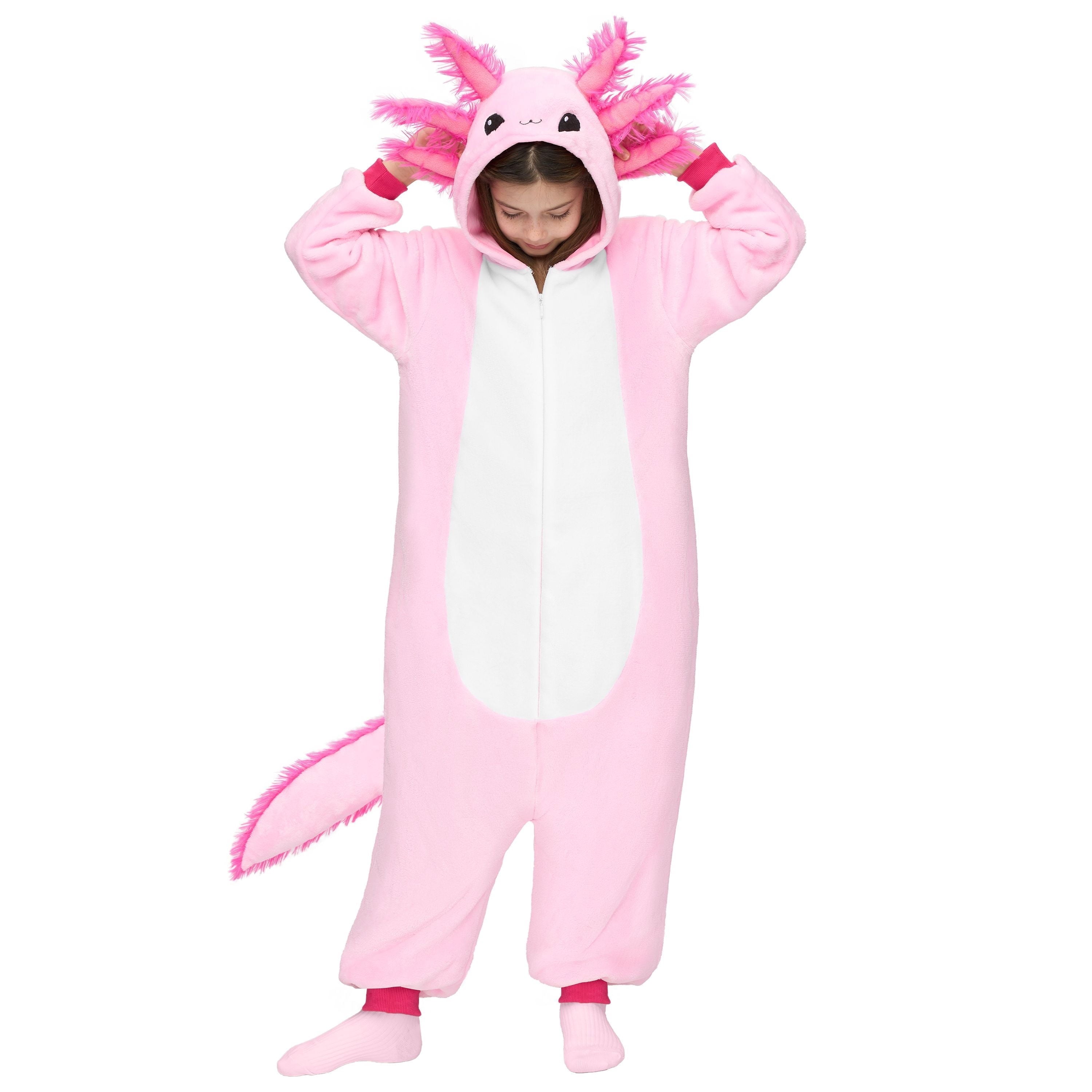  Halloween Axolotl Costume for Kids, Zip-Up Hooded Jumpsuit Pajama for Halloween Themed Party