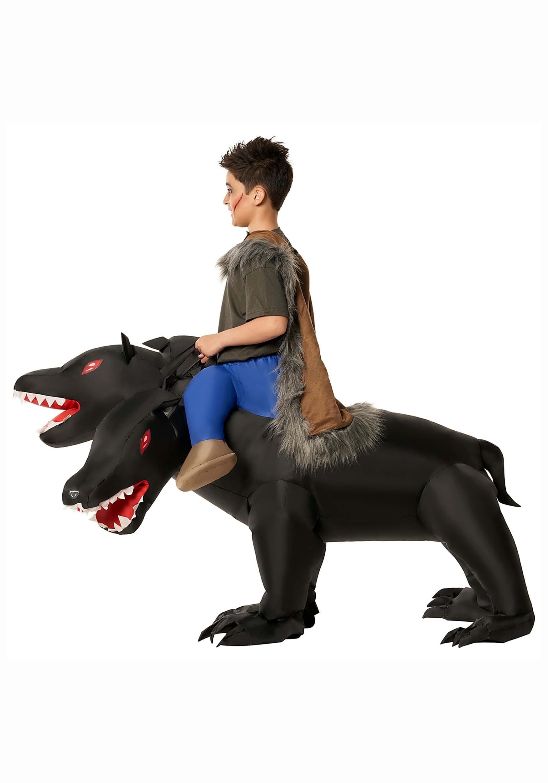  Kids Inflatable 3 Headed Dog Ride On Costume Boys Cerberus Halloween Halloween Black One Size