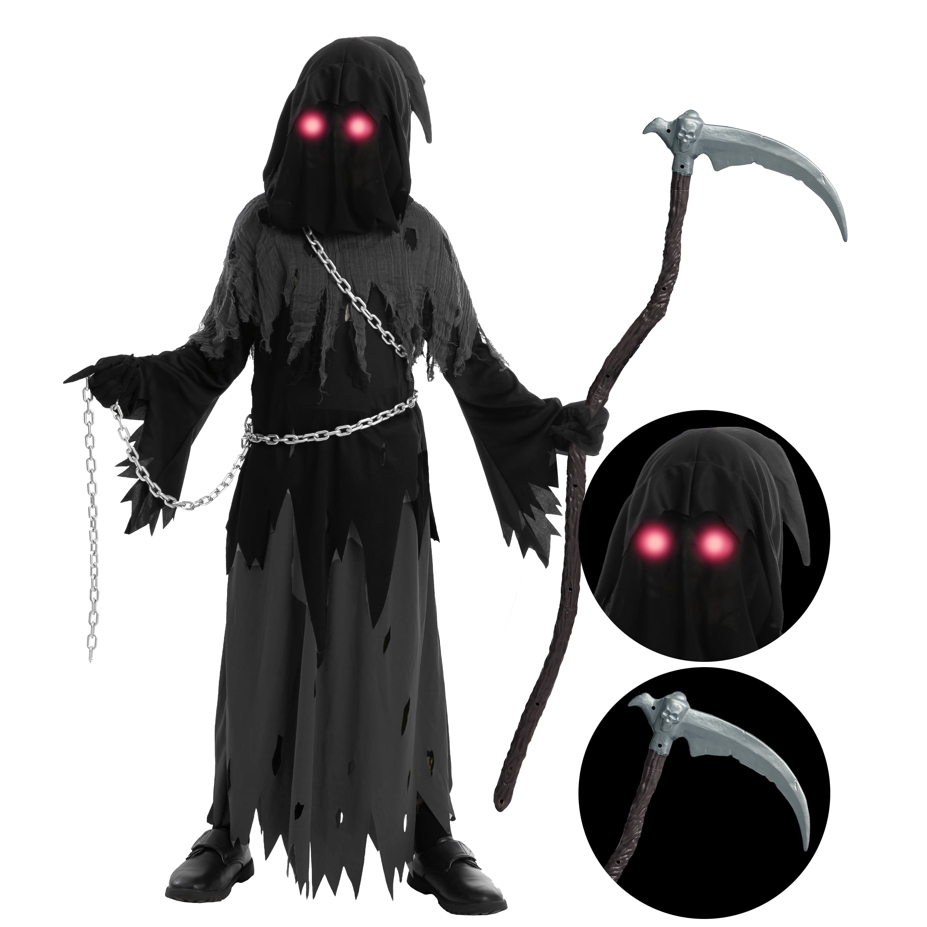 Child Glowing Eyes Grim Reaper Costume, Phantom Costume for Kids Halloween Fancy Dress Up 5-12 Years