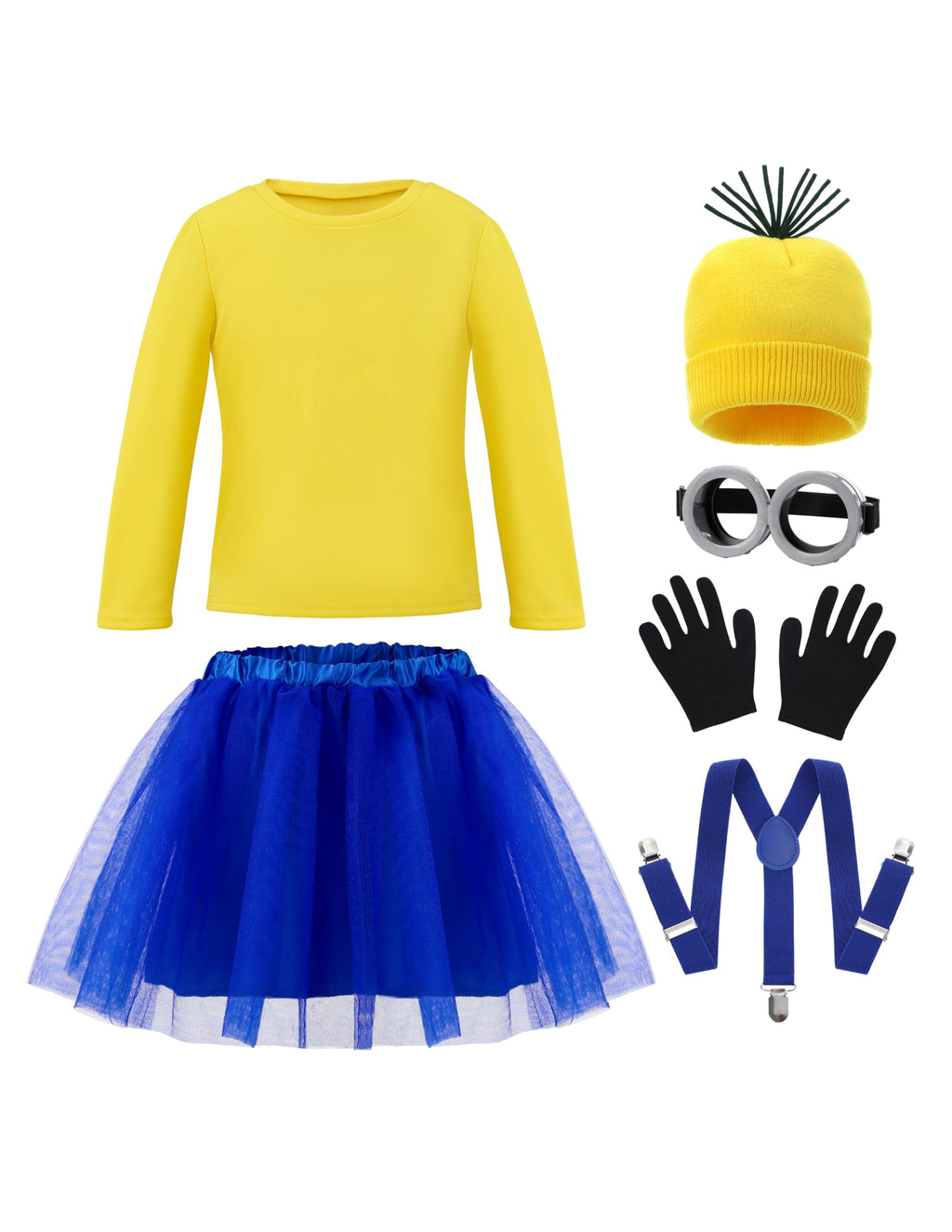  Halloween Kids Costume Accessories Set with Goggles/Beanie/Yellow Tutu Shirt/Suspenders/Gloves for Halloween Fancy Party Dress up Cosplay