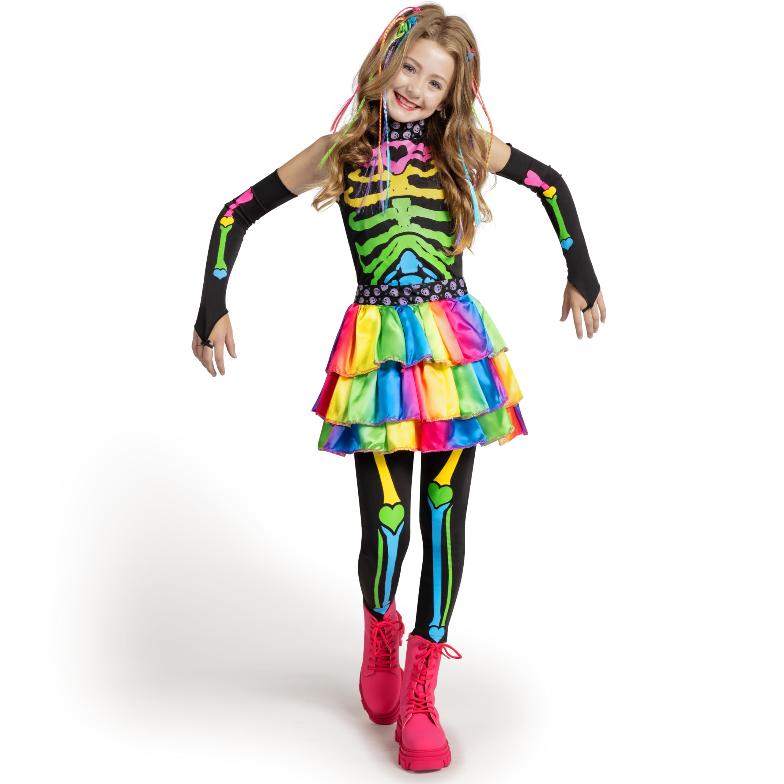  Skeleton Tutu Dress for Girls, Colorful Bones Skeleton Costume for Kids Halloween Dress Party up Cosplay