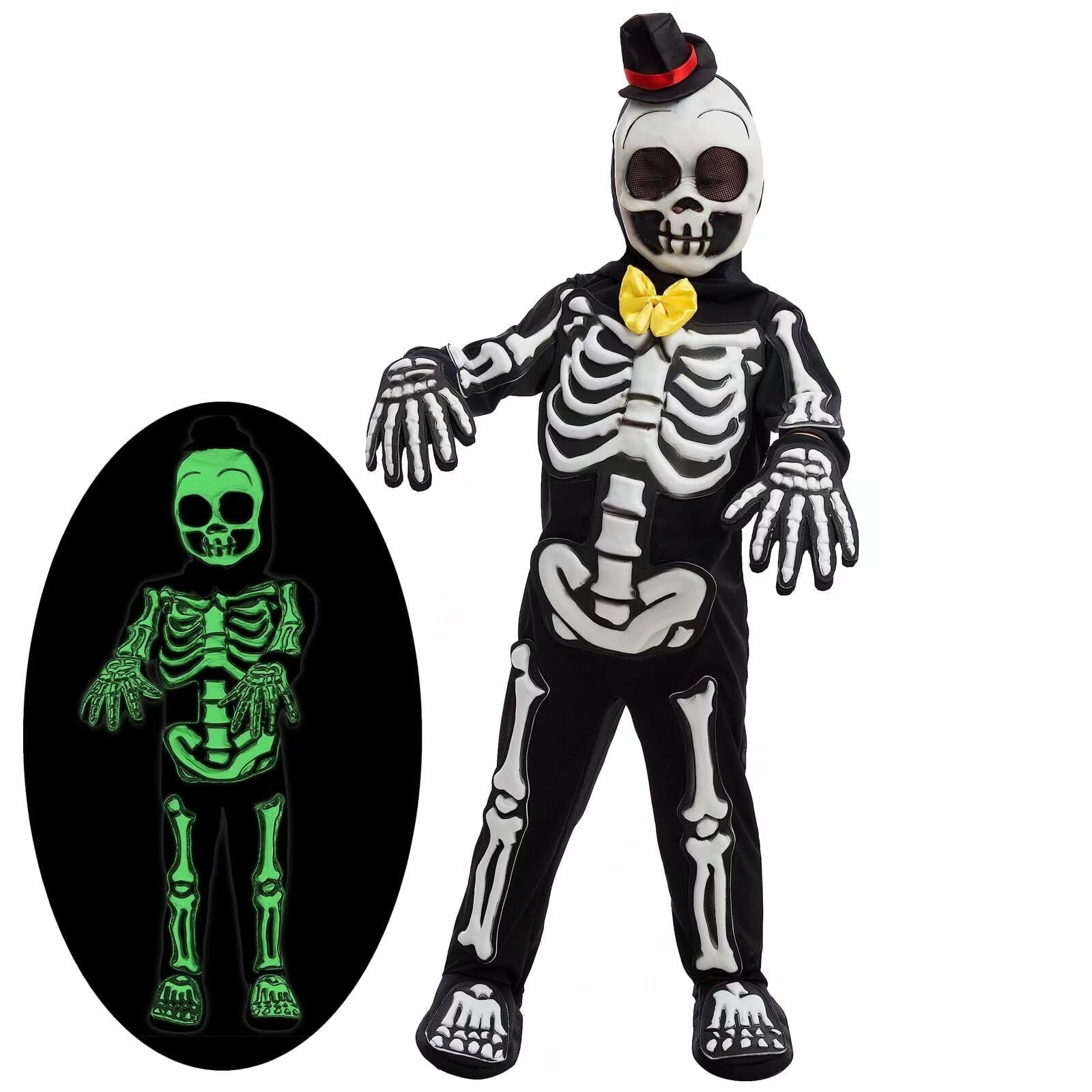 Glows in the Dark Skeleton Costume for Kids, Black Skelebones Jumpsuit, Bone Halloween Costume Dress up for Girls & Boy
