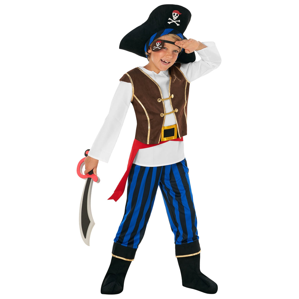  Boys Blue Pirate Costume Hat Toy Sword Kids Buccaneer Captain Halloween Halloween Blue L
