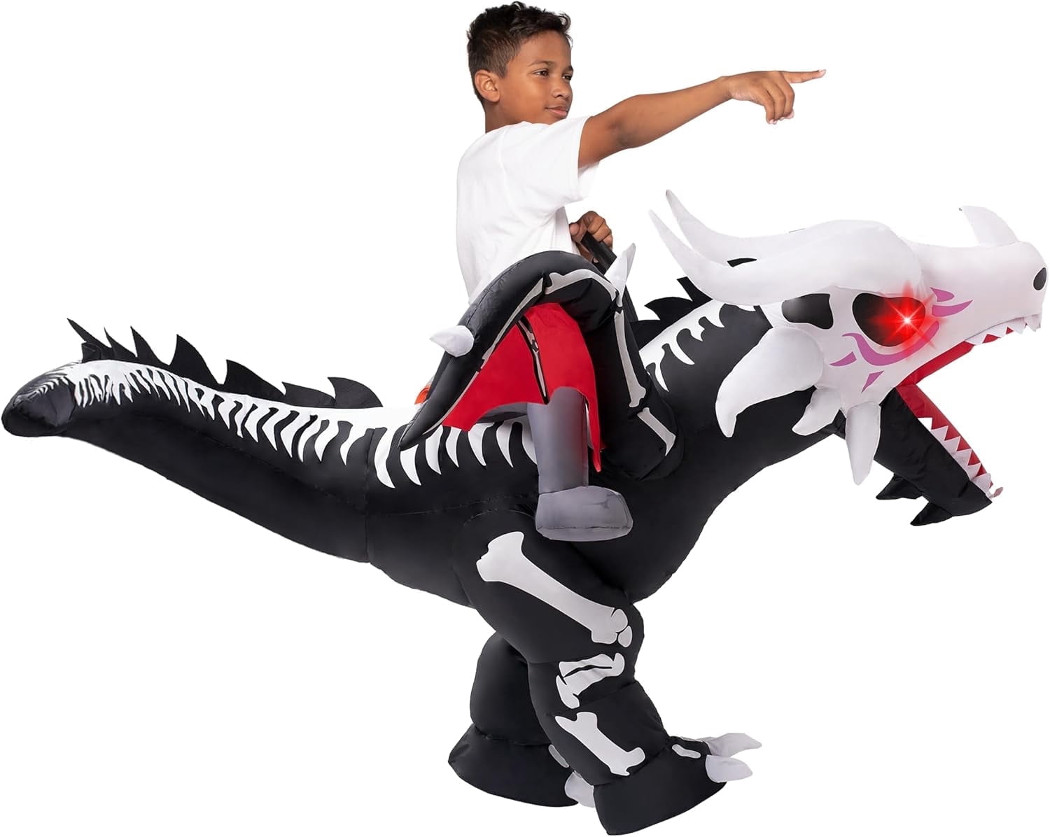  Kids Inflatable Dinosaur Costume with LED Light Up Eyes,Blow Up Ride-On Dinosaur Skeleton Costume for Halloween Party,Cosplay and Themed Dress Up