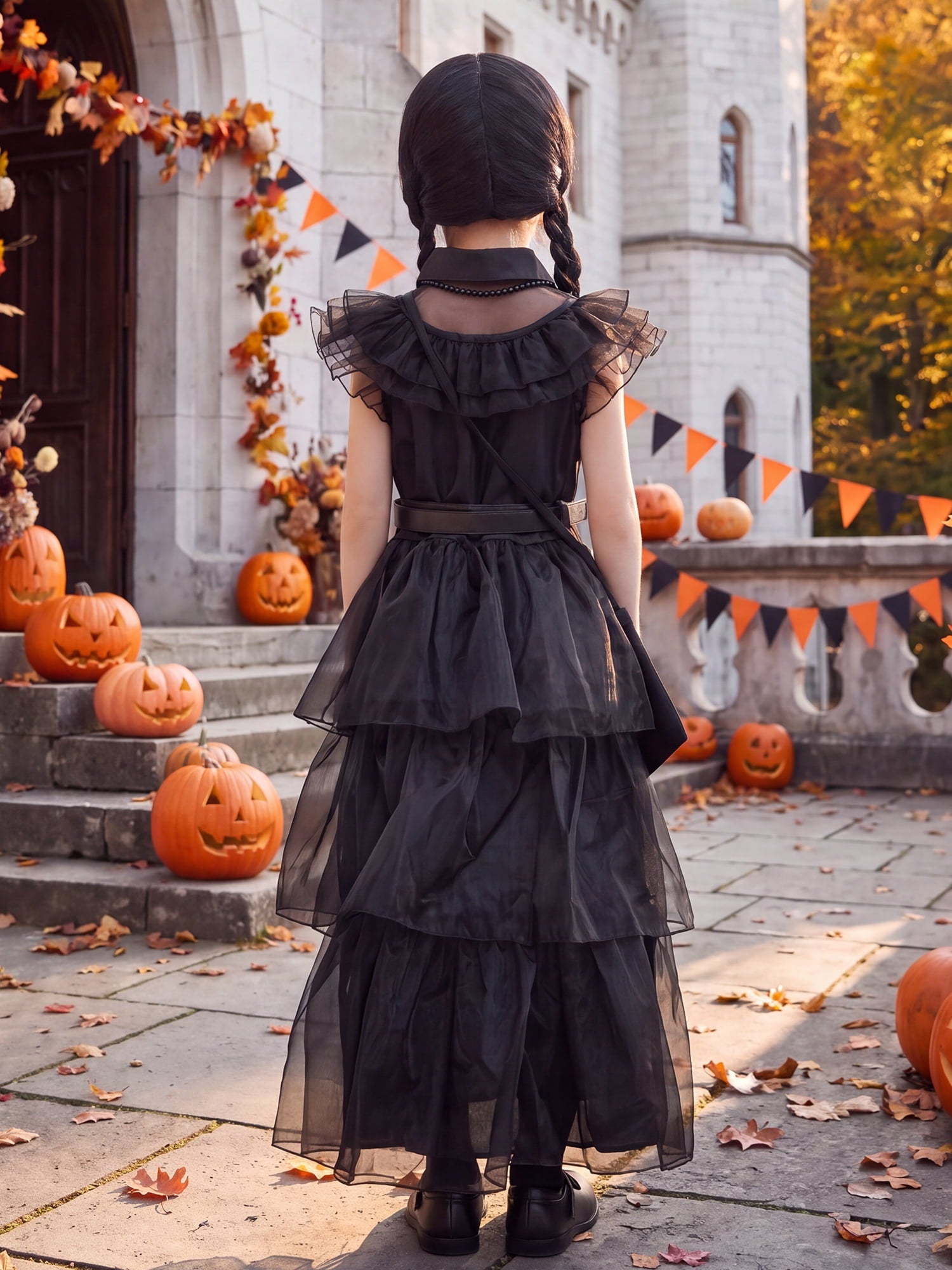  Girls Halloween Costume Fancy Dress with Wig Black for Child Carnival Party 10-12 Years