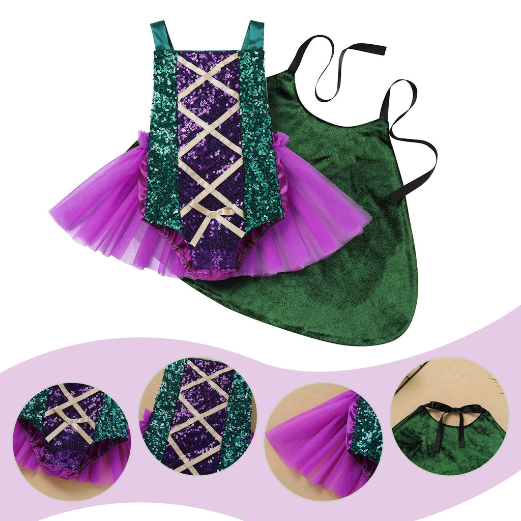 IBTOM CASTLE Toddler Girls Sanderson Sisters Costumes Kids Witch Sequin Backless Romper Tulle Dress with Cloak Halloween Cosplay Carnival Fancy Dress up Outfit 12-18 Months Green-Winifred