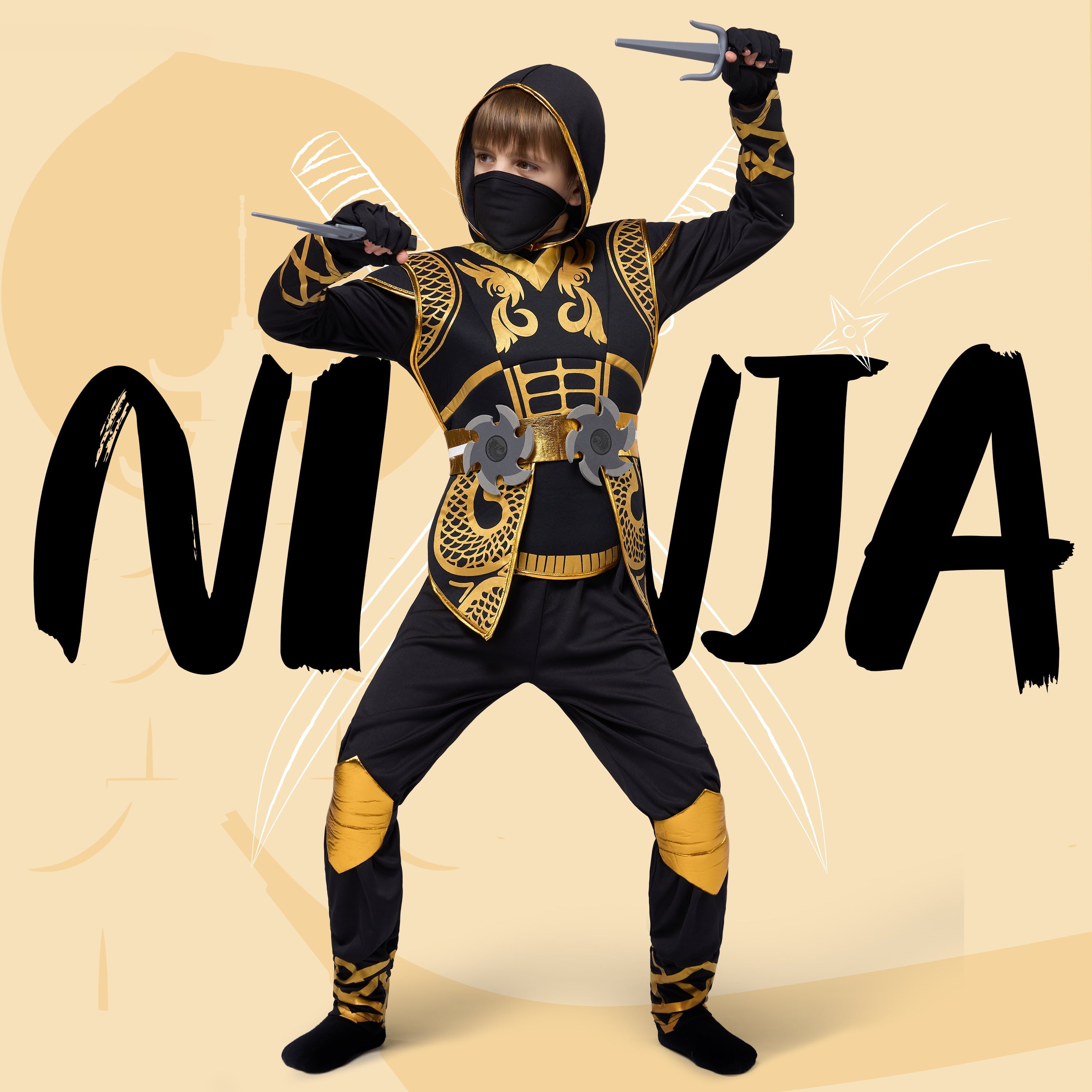 Kids Golden Ninja Costume for Toddler Boys Halloween Dress Up Age Up to 12 Years