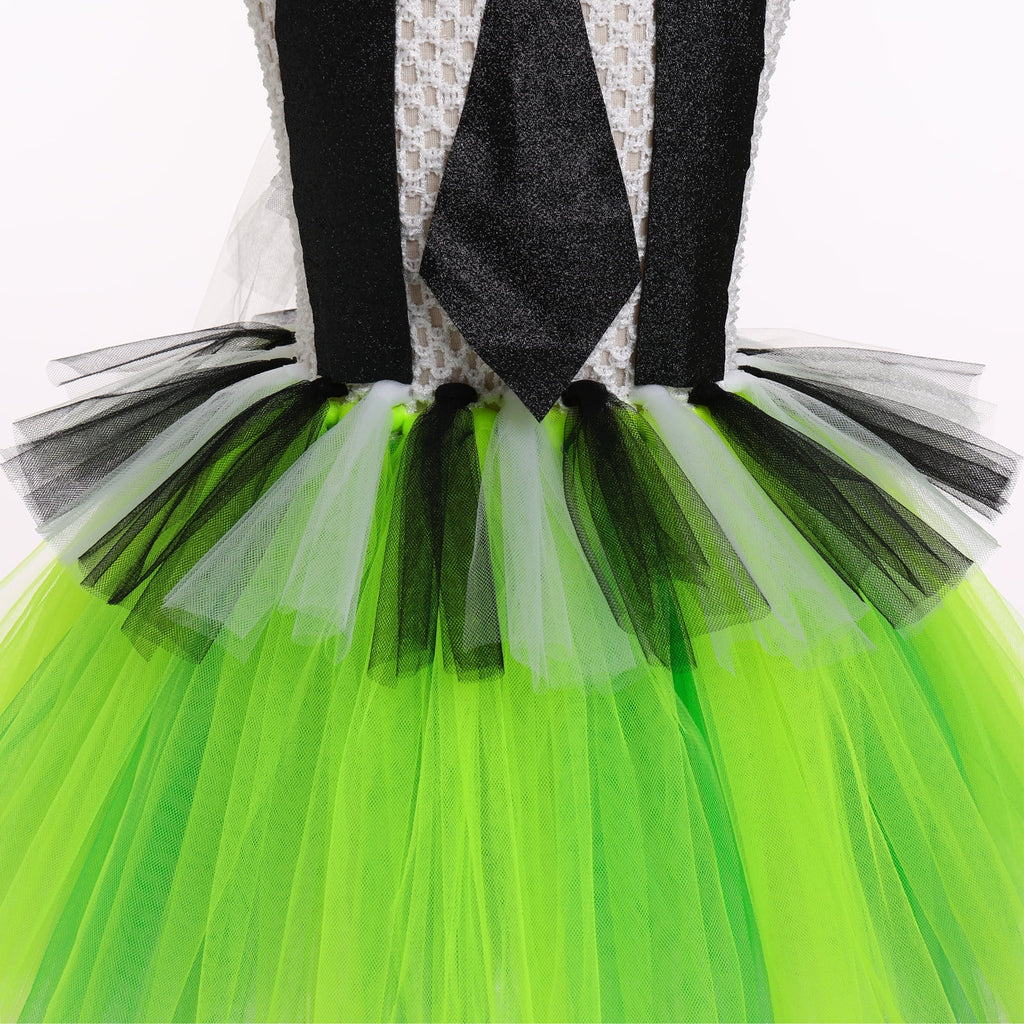 IBTOM CASTLE Kids Girls Halloween Costume Black and White Striped Tulle Dress Headband Set Cosplay Carnival Birthday Outfit 4-5 Years Black + Green