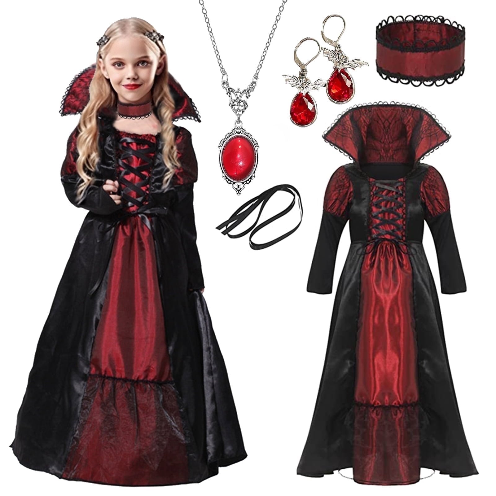 Tinyterrors™ Alaiyaky Vampire Costume Kids, Halloween Costumes for Girls, Vampire Costume Girls Halloween Costume with Ruby Necklace earrings for Girls Halloween World Book Day