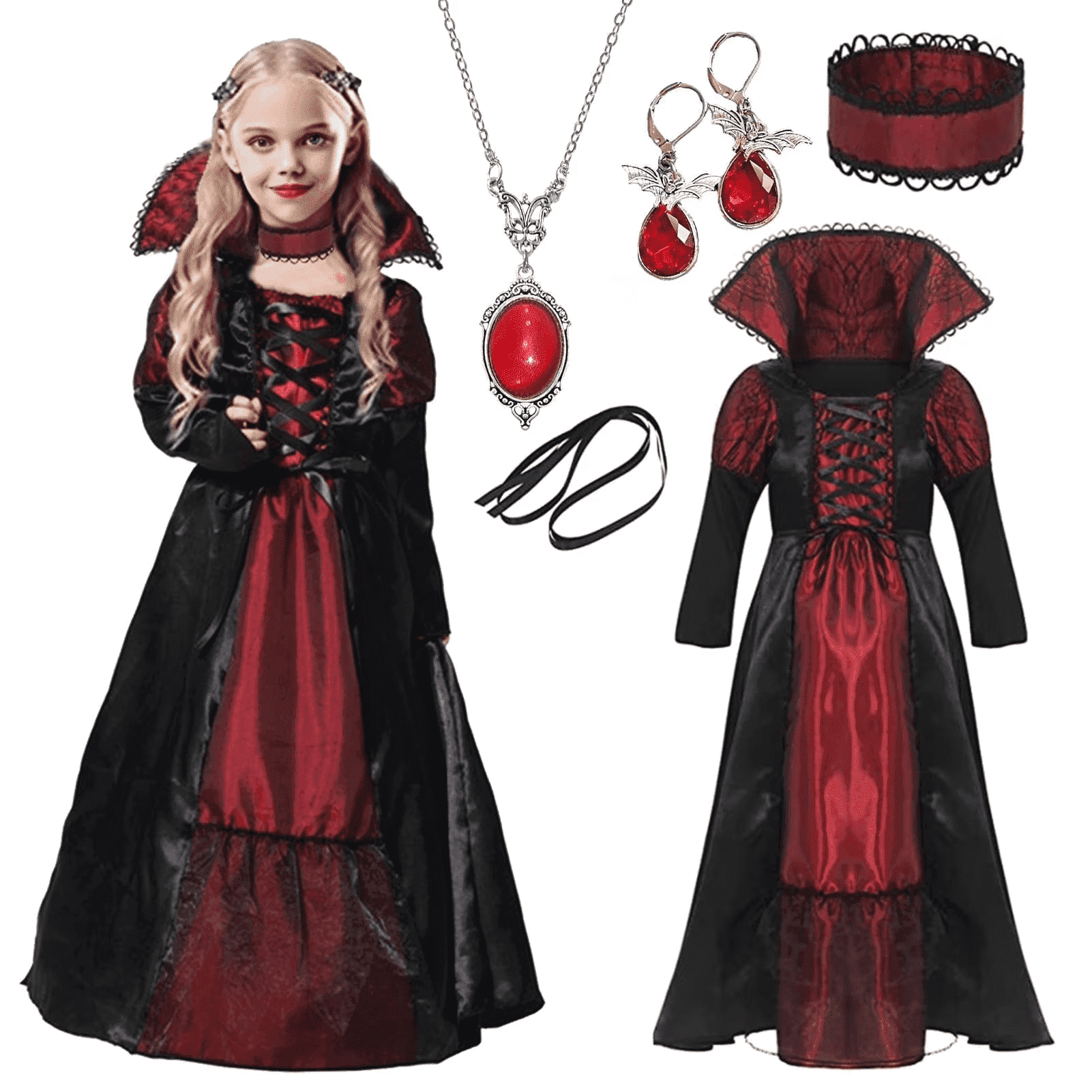 Tinyterrors™ Alaiyaky Vampire Costume Kids, Halloween Costumes for Girls, Vampire Costume Girls Halloween Costume with Ruby Necklace earrings for Girls Halloween World Book Day