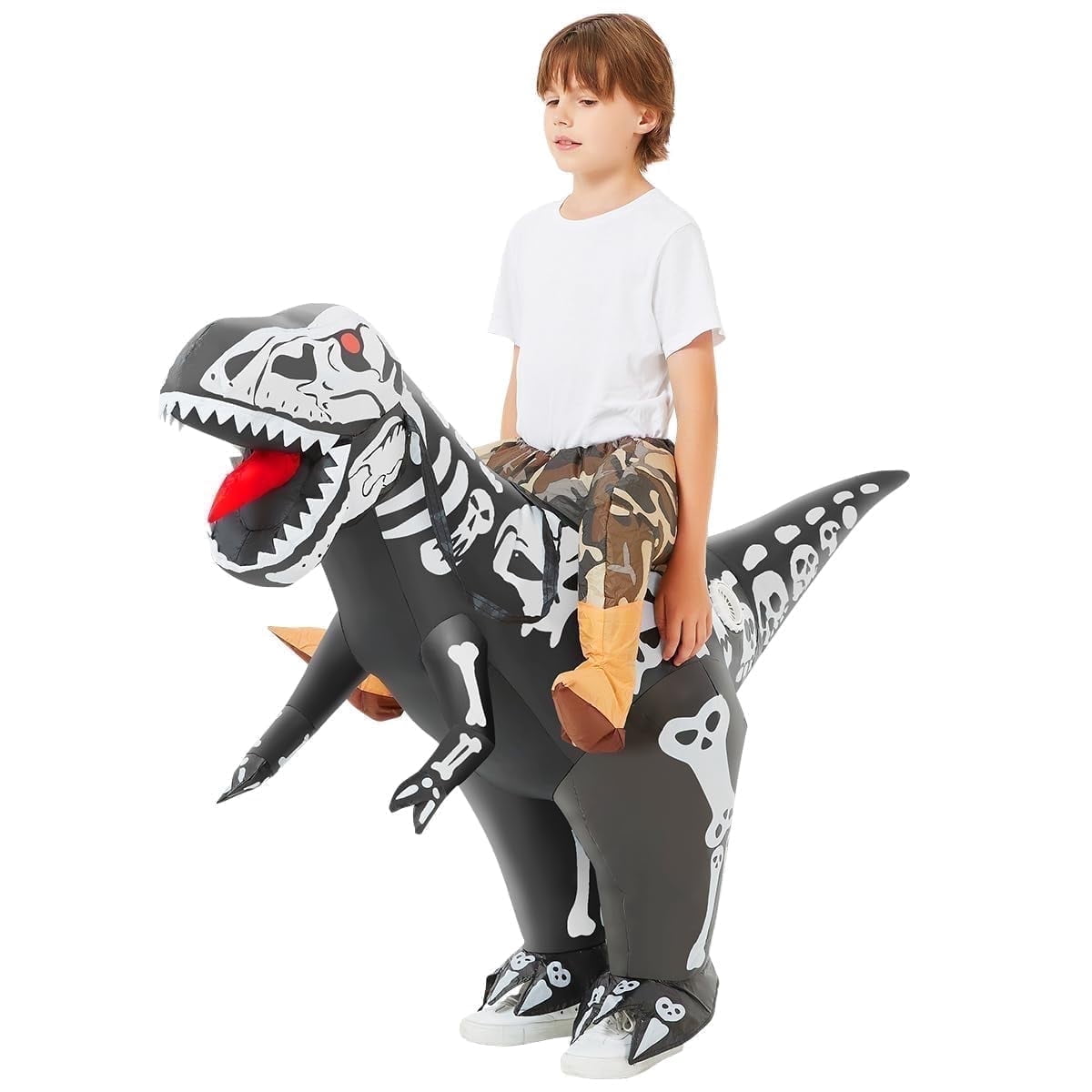 COMIN 36 inch Inflatable Dinosaur Costume Kids Ride-on Inflatables Blow Up Dino Costume Skeleton Funny Dress for Halloween Party
