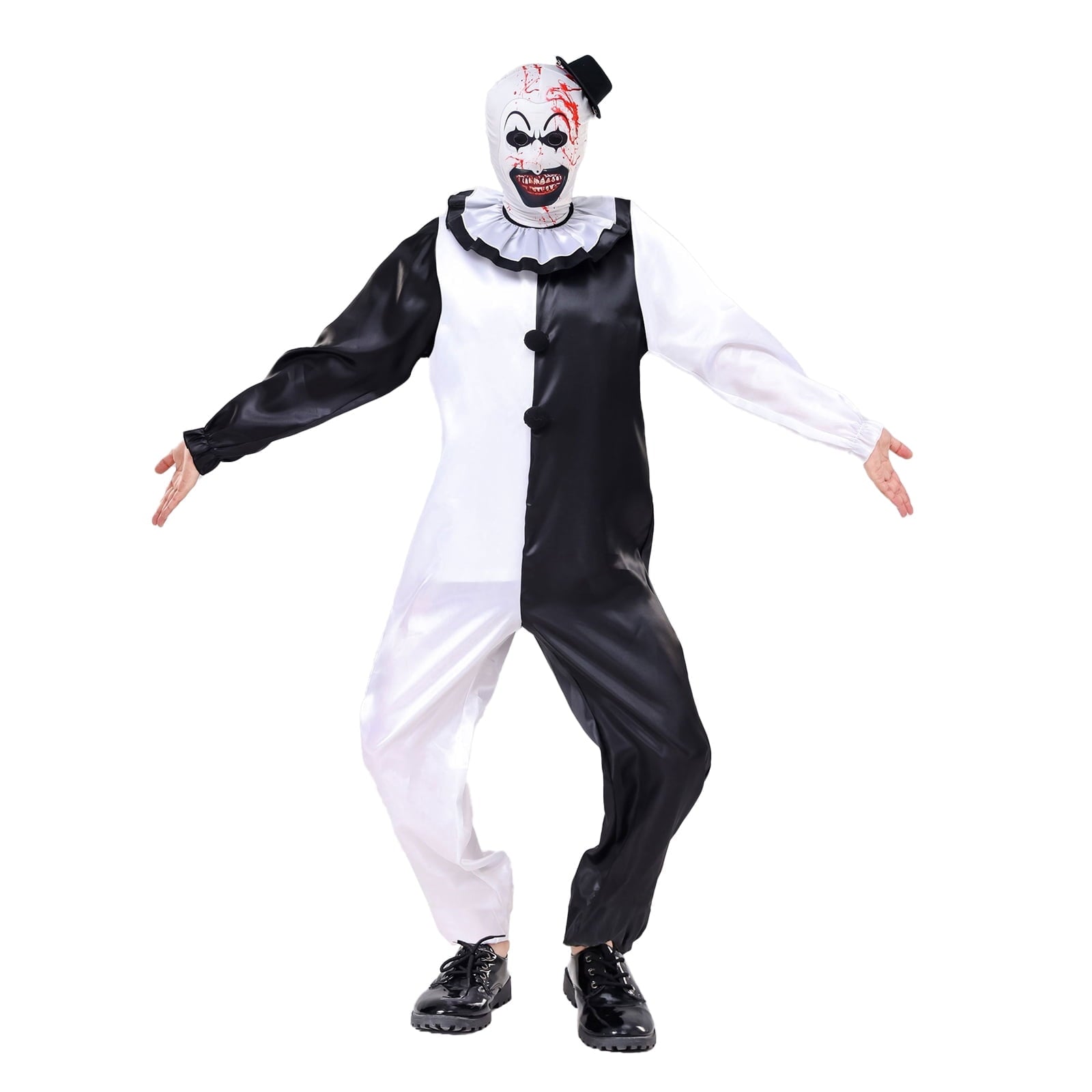  Unisex Kid Clown Costume Jumpsuit Black and White Halloween Outfit Scary Killer Cosplay with Mask Hat