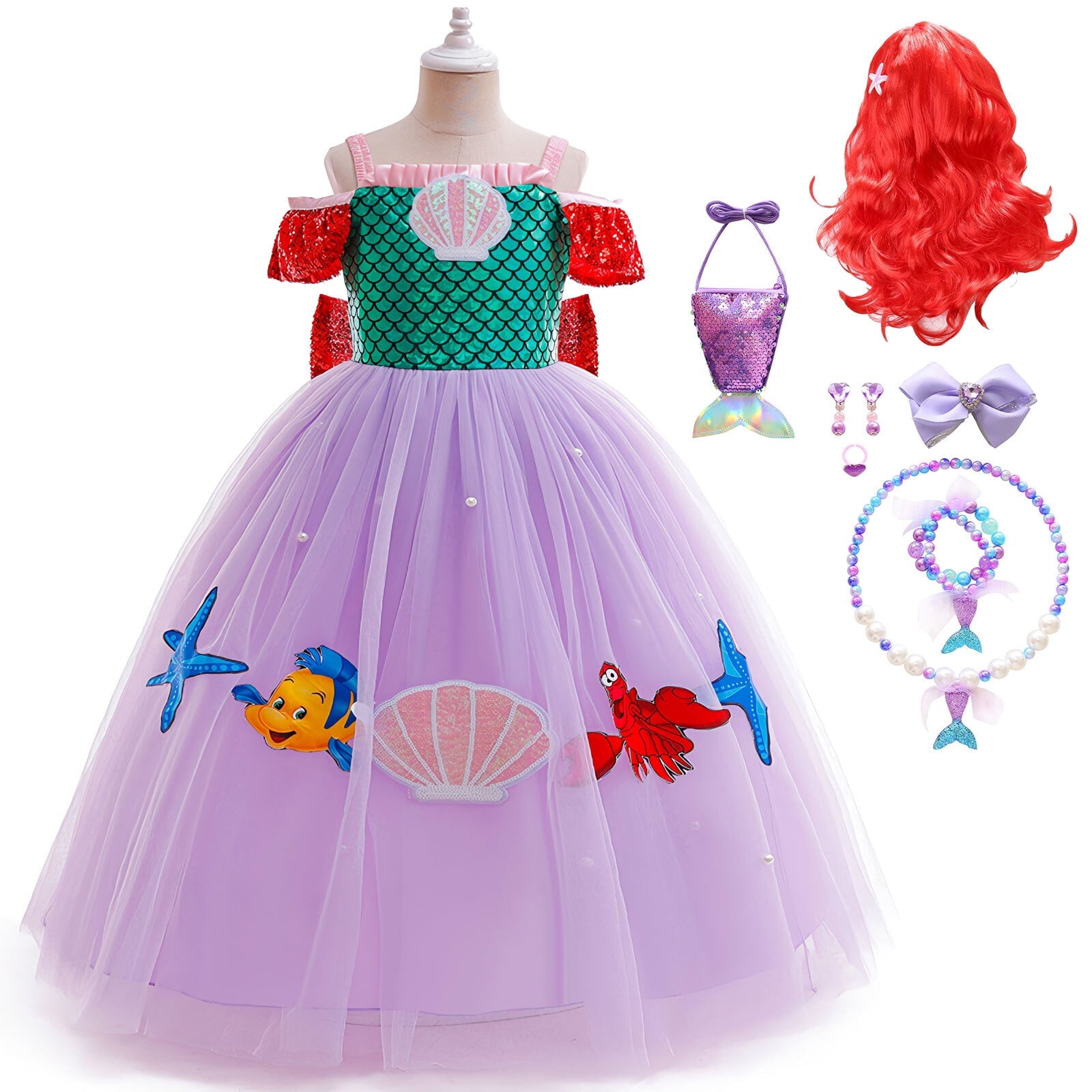 Girls Mermaid Princess Dress w/Accessories Halloween Costume Dress up 7-8 Year
