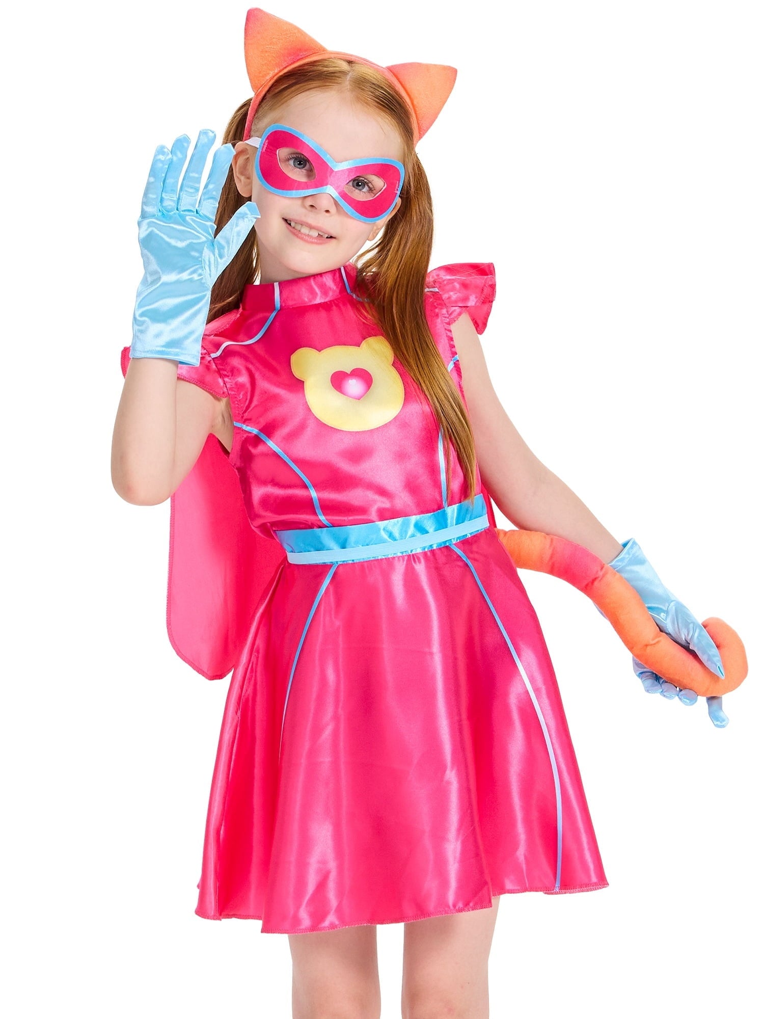 Girls Superhero Costume with Cape, Pink Kitties Fancy Dress Accessories Cat Headband Tail Gloves Outfit for Kids Hallloween