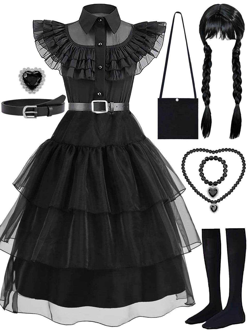  Girls Halloween Costume Fancy Dress with Wig Black for Child Carnival Party 10-12 Years