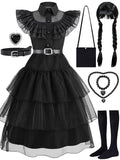  Girls Halloween Costume Fancy Dress with Wig Black for Child Carnival Party 10-12 Years