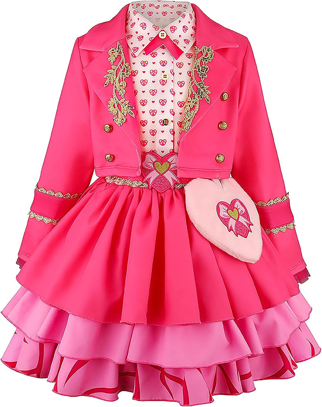  Halloween Princess Costume for G'irl's, Pink Princess Dress with Jacket, Belt & Heart Bag, Halloween Cosplay Party Outfit & Fancy Dress Up