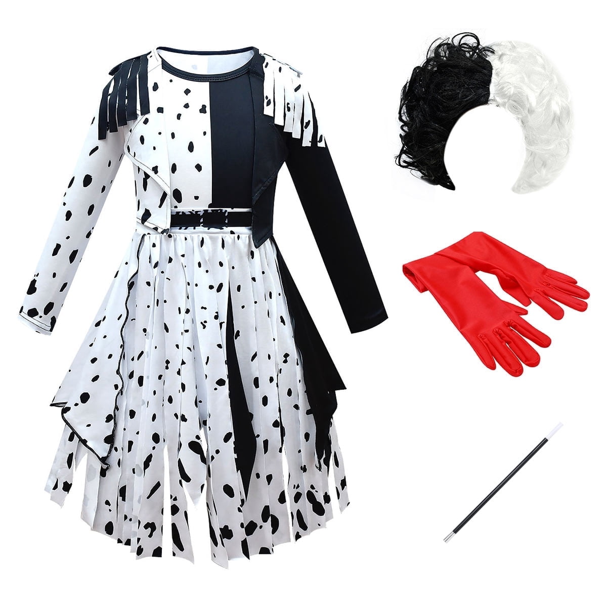 Tinyterrors™ IBTOM CASTLE Kids Girls Halloween Costume Carnival Cosplay Movie Character Dress + Wig + Gloves + Cigarette Holder 4 Pieces Set for Photo Shoot