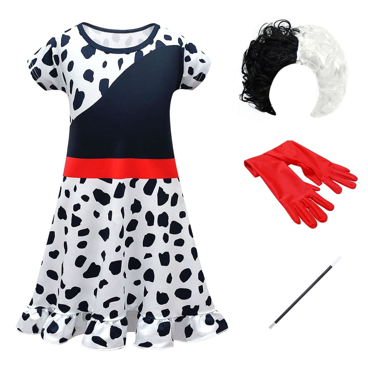Tinyterrors™ IBTOM CASTLE Kids Girls Halloween Costume Carnival Cosplay Movie Character Dress + Wig + Gloves + Cigarette Holder 4 Pieces Set for Photo Shoot