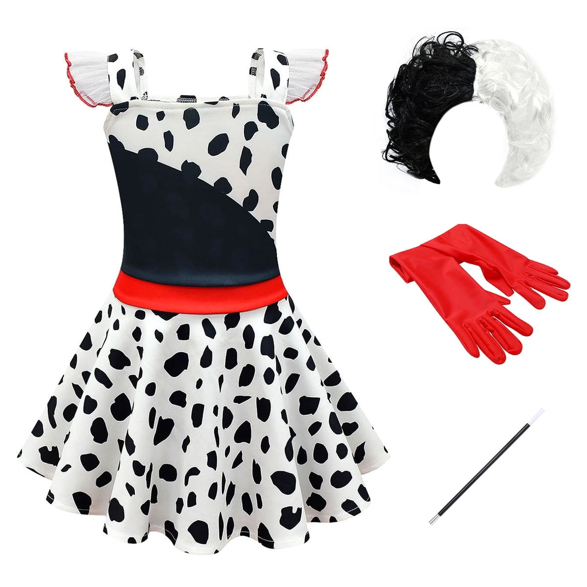 Tinyterrors™ IBTOM CASTLE Kids Girls Halloween Costume Carnival Cosplay Movie Character Dress + Wig + Gloves + Cigarette Holder 4 Pieces Set for Photo Shoot
