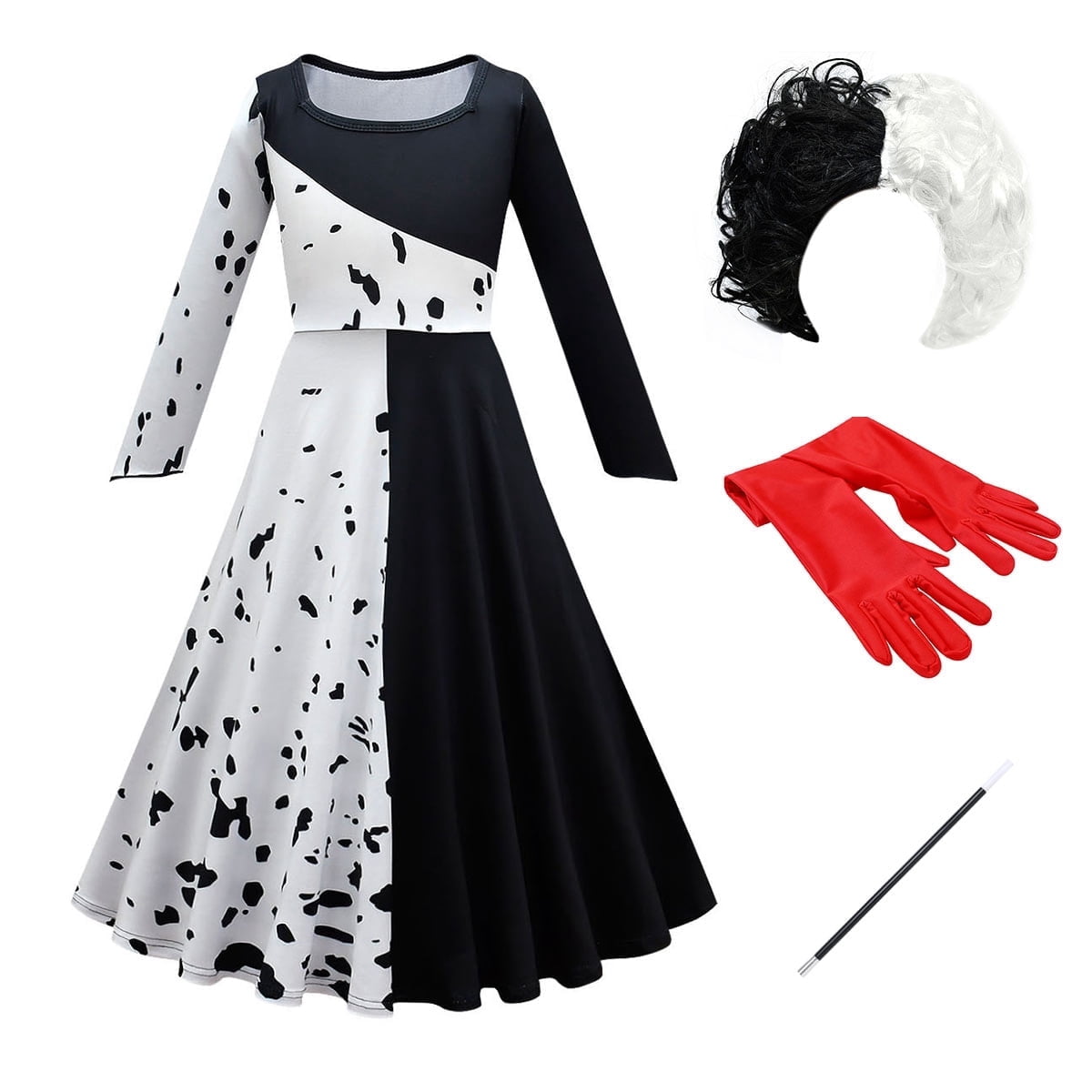 Tinyterrors™ IBTOM CASTLE Kids Girls Halloween Costume Carnival Cosplay Movie Character Dress + Wig + Gloves + Cigarette Holder 4 Pieces Set for Photo Shoot