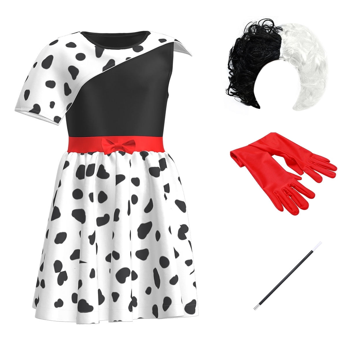 Tinyterrors™ IBTOM CASTLE Kids Girls Halloween Costume Carnival Cosplay Movie Character Dress + Wig + Gloves + Cigarette Holder 4 Pieces Set for Photo Shoot
