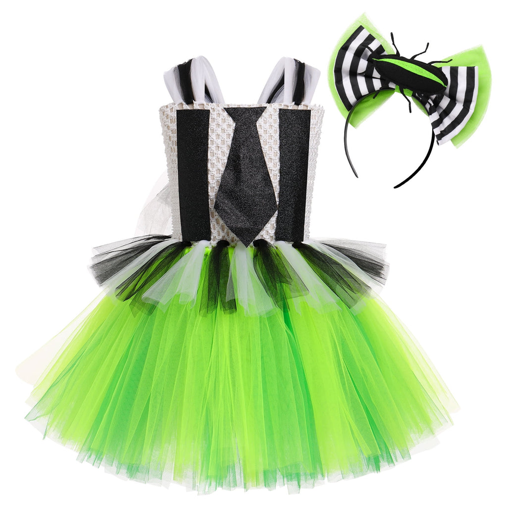 IBTOM CASTLE Kids Girls Halloween Costume Black and White Striped Tulle Dress Headband Set Cosplay Carnival Birthday Outfit 4-5 Years Black + Green