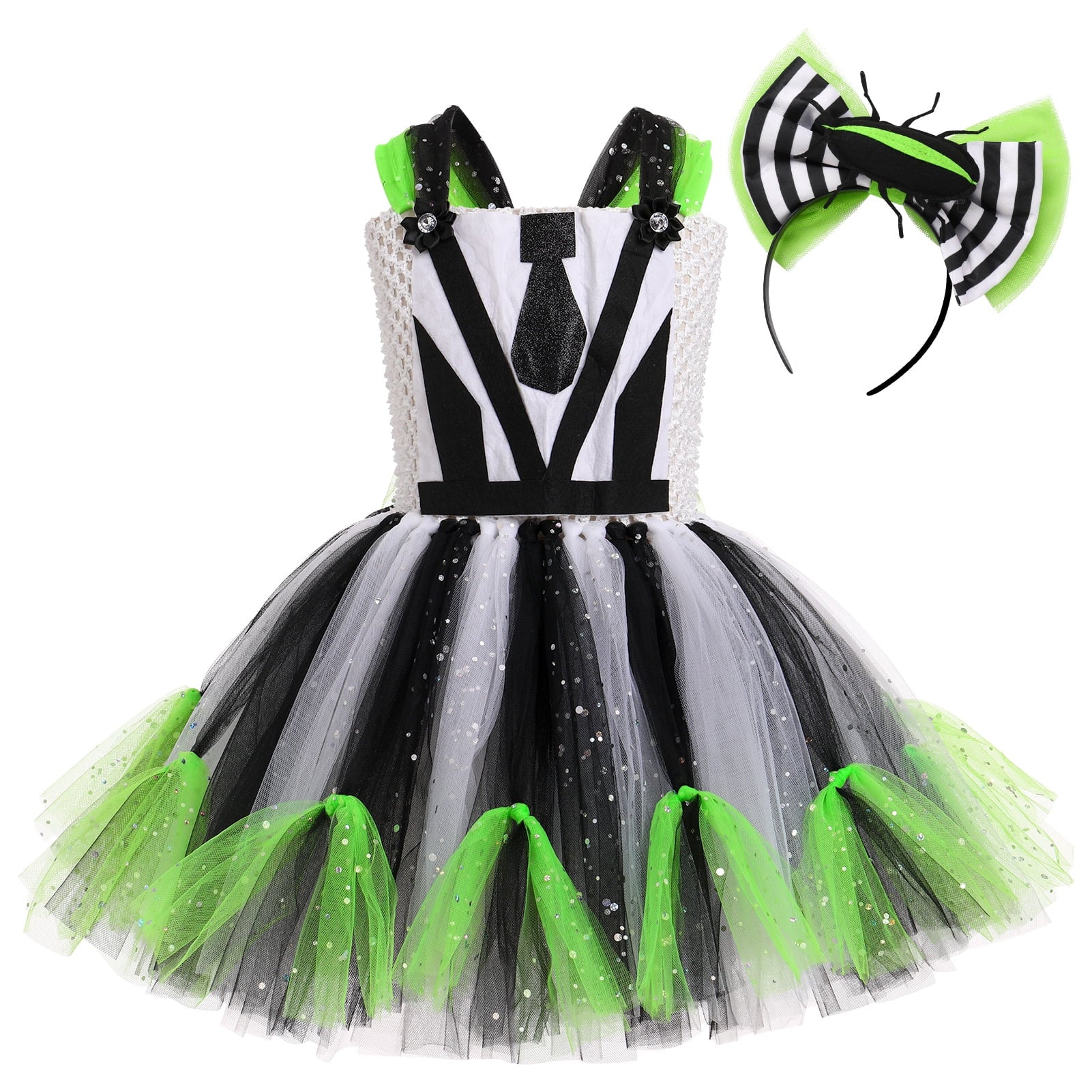 Tinyterrors™ IBTOM CASTLE Kids Girls Halloween Costume Black and White Striped Tulle Dress Headband Set Cosplay Carnival Birthday Outfit 4-5 Years Black + Green