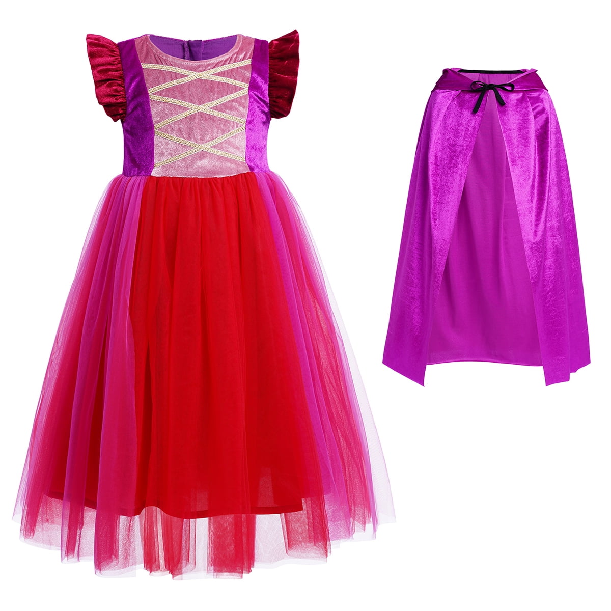 IBTOM CASTLE Kids Girls Witch Costume Tulle Dress Velvet Hooded Cloak Wigs Set Halloween Cosplay Birthday Party Carnival Dress up Outfit 4-5 Years Purple 2pcs