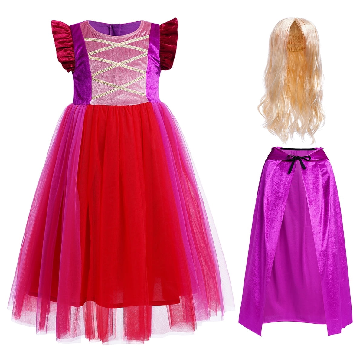 Tinyterrors™ IBTOM CASTLE Kids Girls Witch Costume Tulle Dress Velvet Hooded Cloak Wigs Set Halloween Cosplay Birthday Party Carnival Dress up Outfit 4-5 Years Purple 2pcs
