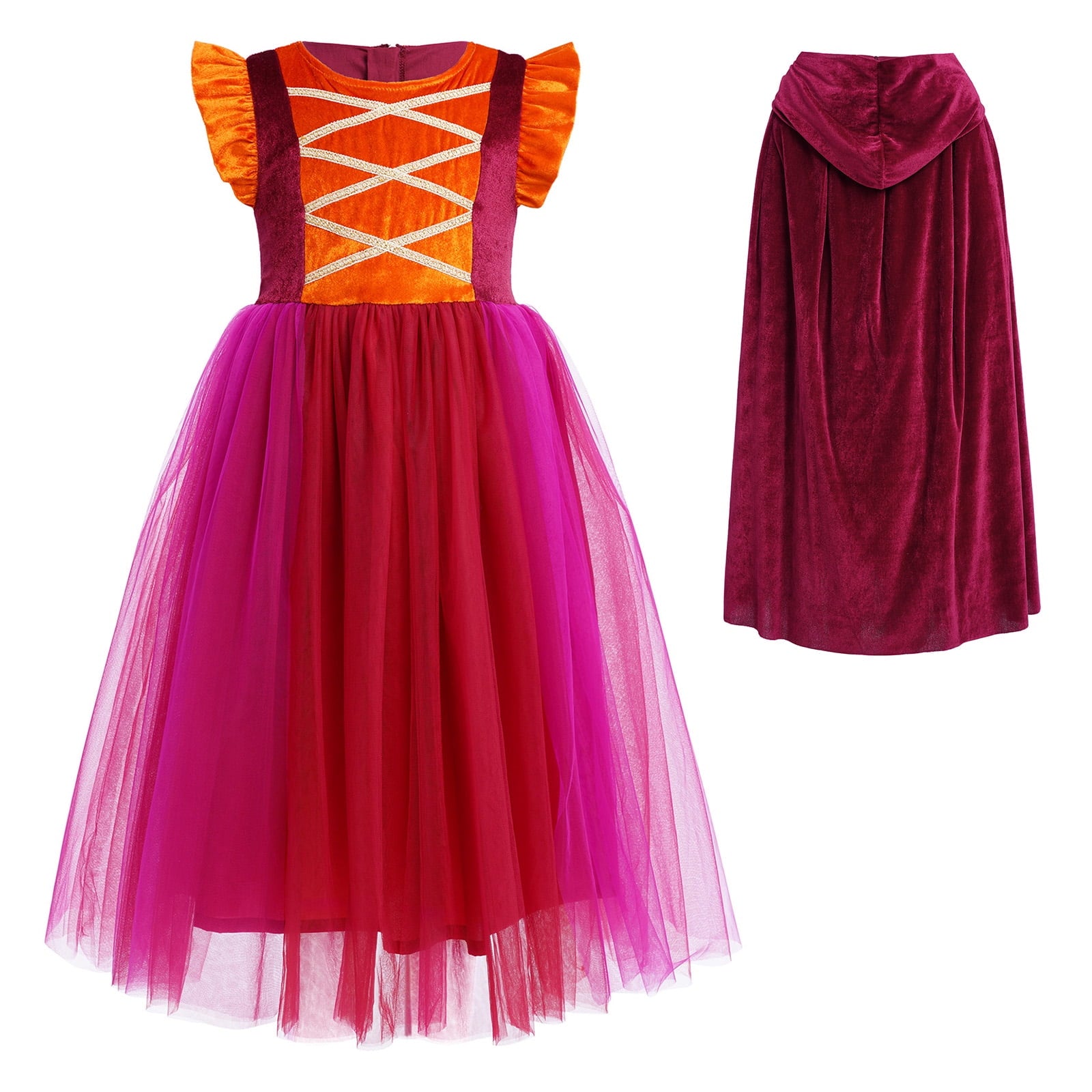 Tinyterrors™ IBTOM CASTLE Kids Girls Witch Costume Tulle Dress Velvet Hooded Cloak Wigs Set Halloween Cosplay Birthday Party Carnival Dress up Outfit 4-5 Years Purple 2pcs