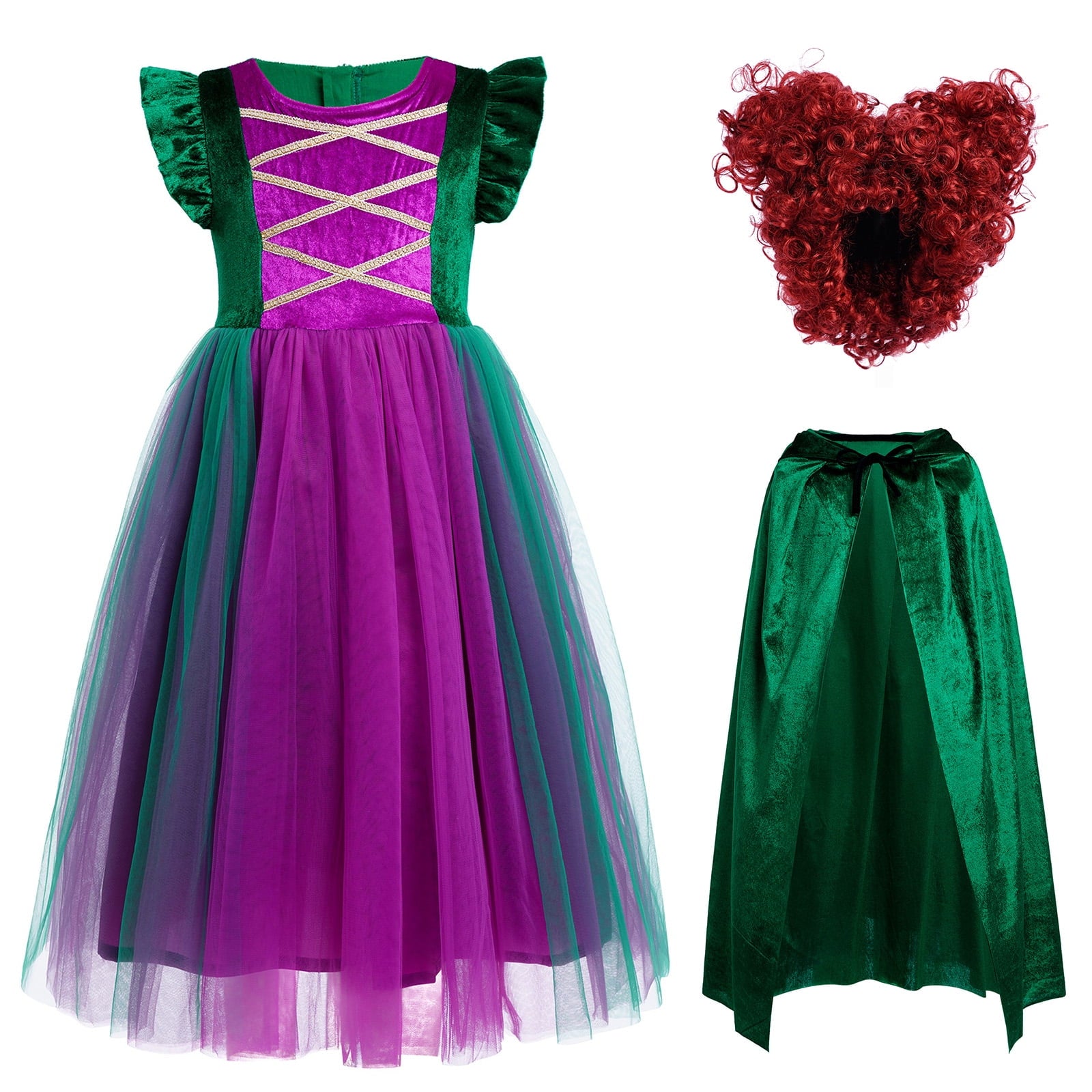 Tinyterrors™ IBTOM CASTLE Kids Girls Witch Costume Tulle Dress Velvet Hooded Cloak Wigs Set Halloween Cosplay Birthday Party Carnival Dress up Outfit 4-5 Years Purple 2pcs